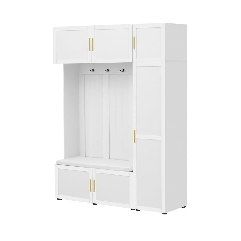 4-in-1 Hall Tree with Padded Bench, Storage Cabinet with 4 Hooks & Multi-Tier Shelves, Hallway Coat Closet with Shoe Bench