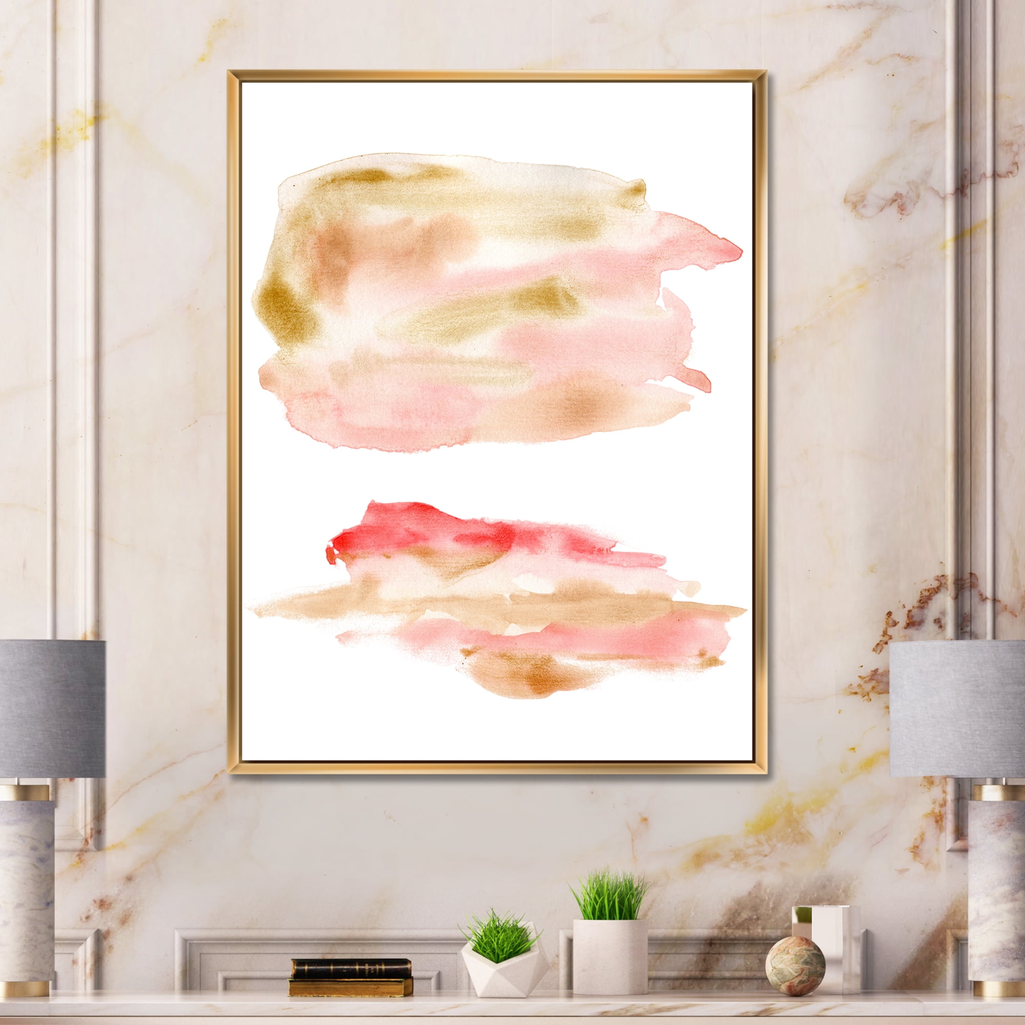 Designart 'Abstract Clouds Set With Pink Gold Beige and Red' Modern Framed Canvas Wall Art Print