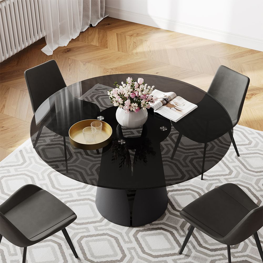 POVISON 47" Modern Black Round Dining Table For 4, Tempered Glass Tabletop,Carbon Steel Base