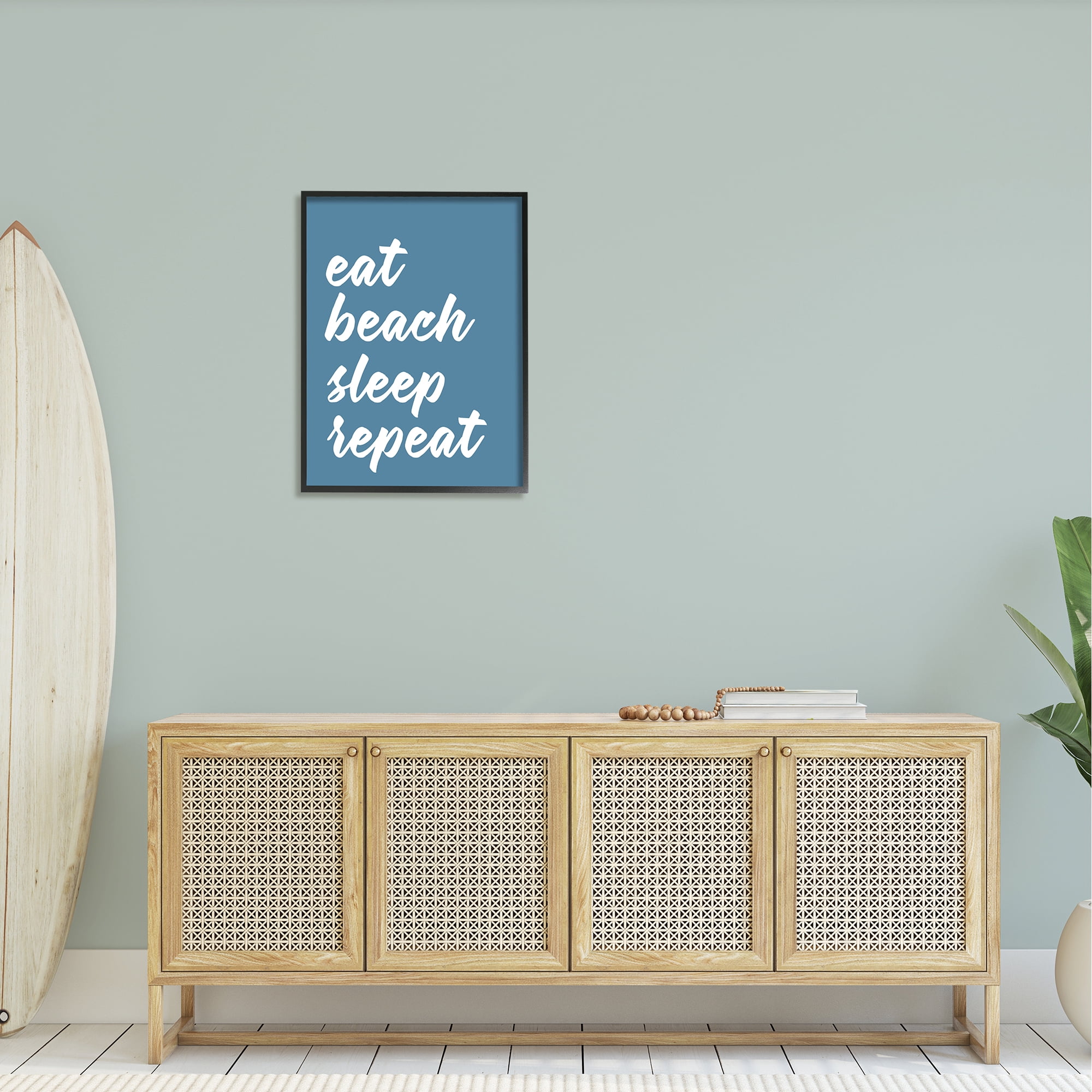 Stupell Industries Eat Beach Sleep Repeat Blue Script Phrase Graphic Art Black Framed Art Print Wall Art, Design by Lettered and Lined