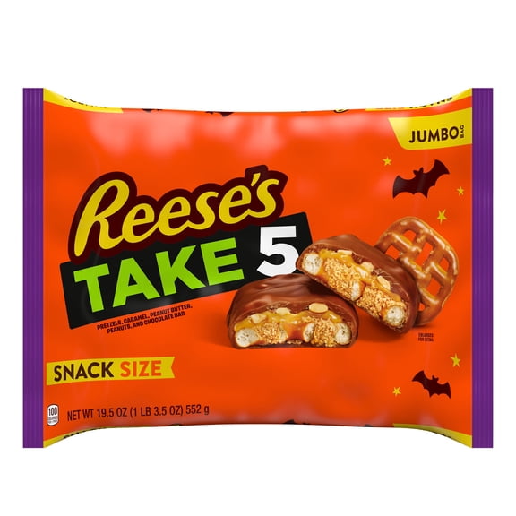 Reese's Take 5 Pretzel, Peanut and Chocolate Snack Size, Halloween Candy Jumbo Bag, 19.5 oz