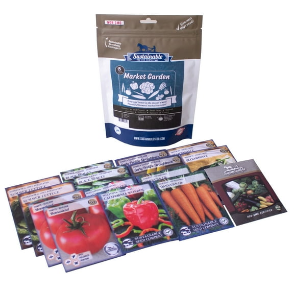 15-Pack Non-GMO Market Garden Heirloom Seed Collection - Homestead Tomato, Straightneck Squash, Contender Bush Bean, Danvers 126 Carrot, Bloomsdale Spinach, Summer Bibb Lettuce, Bell Pepper, Zucchini