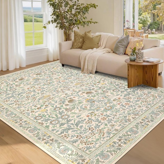 Garvee 8'x10' Floral Animal Print Area Rug Washable Rugs, Low Pile Stain Resistant Rug Botanical Bird Soft Carpet for Living Room Bedroom Dining Room, Beige