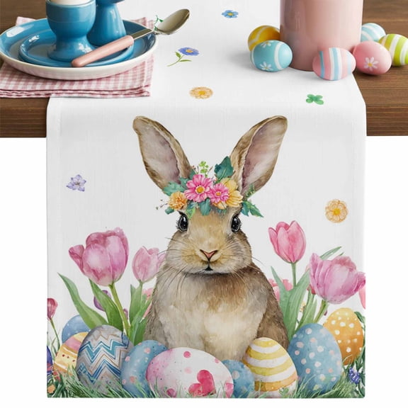 Happy Easter Table Runner, Watercolor Rabbit Colored Eggs Pink Flowers Cotton Linen Kitchen Table Decoration Washable Dining Tabletop Runners for Home Party Decor 13x36 Inches