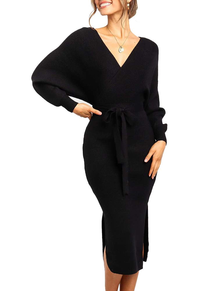 SySea - Women's Long Maxi Sweater Dresses Sexy Wrap Batwing V Neck Slit ...