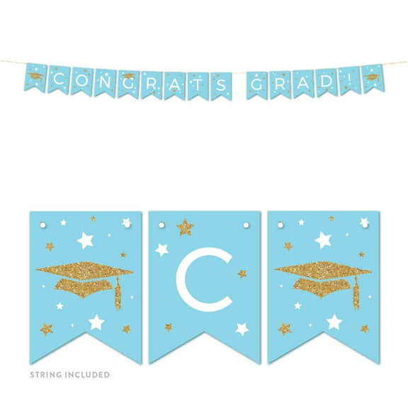 Baby Blue and Gold Glittering Graduation Party, Hanging Pennant Party Banner with String, Congrats Grad!, 5-Feet, 1 Set