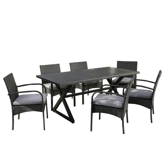 Outdoor 7 Piece Aluminum Dining Set with Wicker Dining Chairs and Cushions,Grey