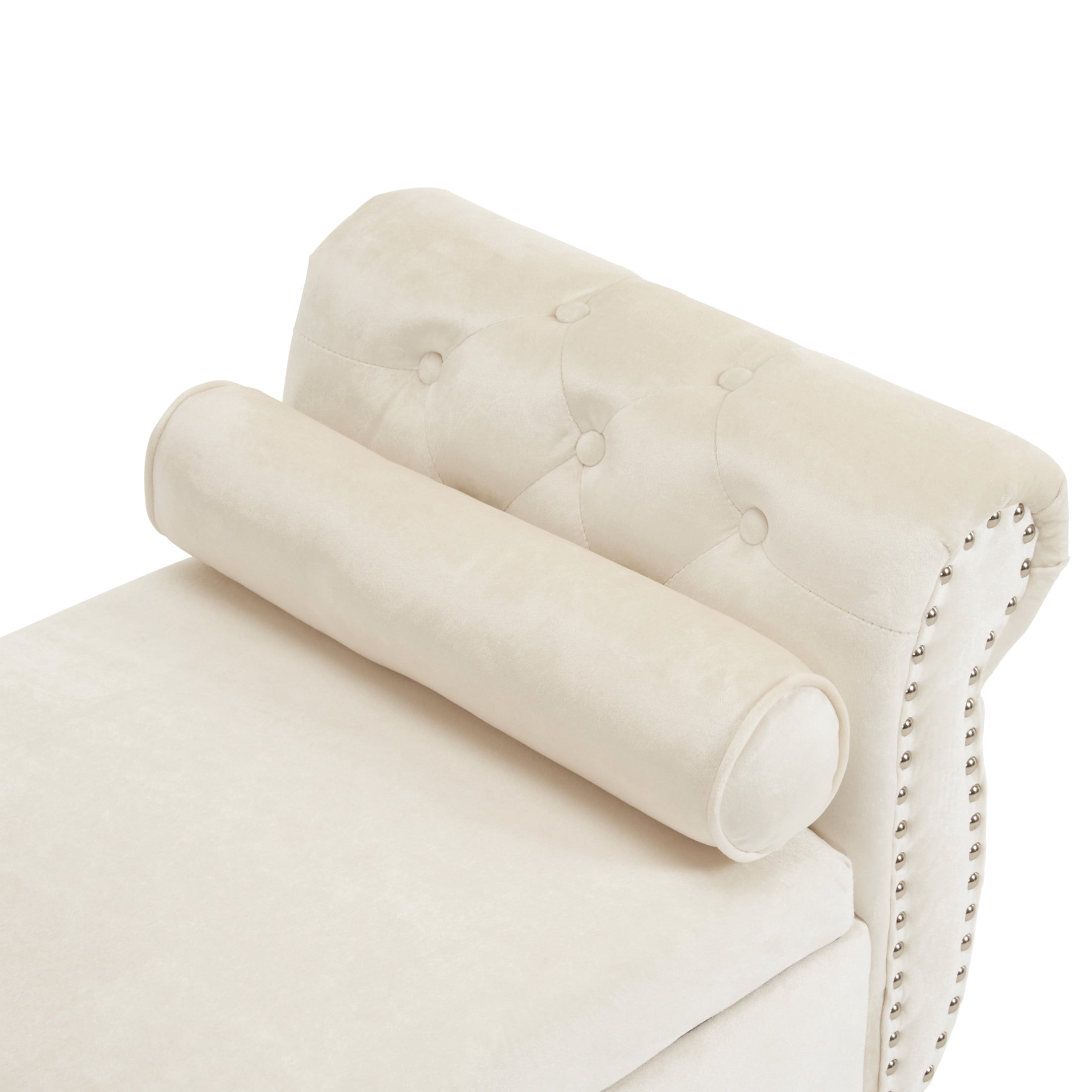 Elegant Beige Velvet Storage Ottoman with Nailhead Trim & Pillow
