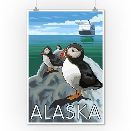 Alaska - Puffins and Cruise Ship - Lantern Press Artwork (9x12 Art Print, Wall Decor Travel