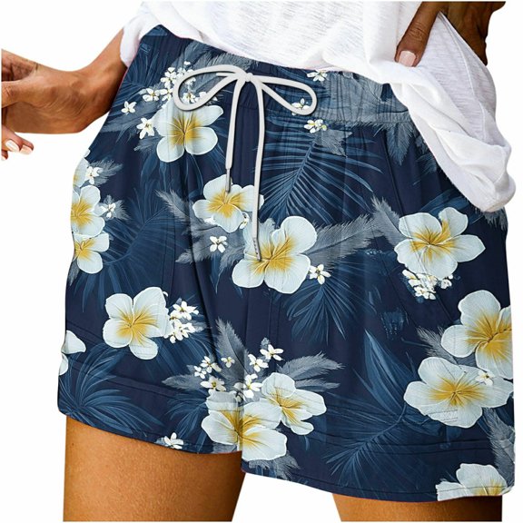 qelini Womens Plus Size Shorts Drawsting High Waist Bermudas Shorts Pockets Print Lounge Shorts Yoga Shorts
