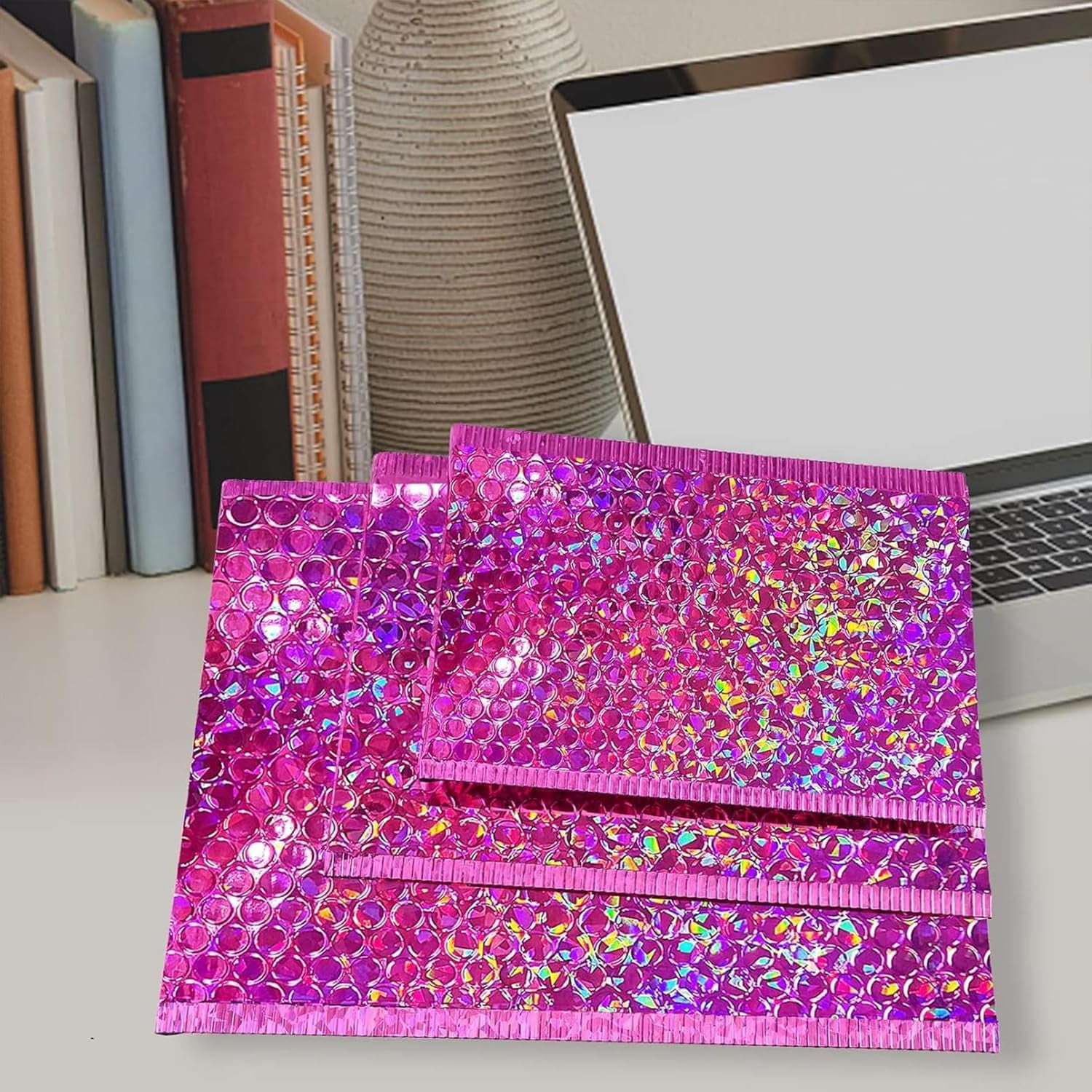 50Pcs Metallic Bubble Mailers,Waterproof Self Seal Adhesive Cushion Envelopes,Foil Glitter Shipping Mailer,Holographic Bubble Mailer for Mailing Packing Small Business,Thicken,3 Sizes,Rose Red