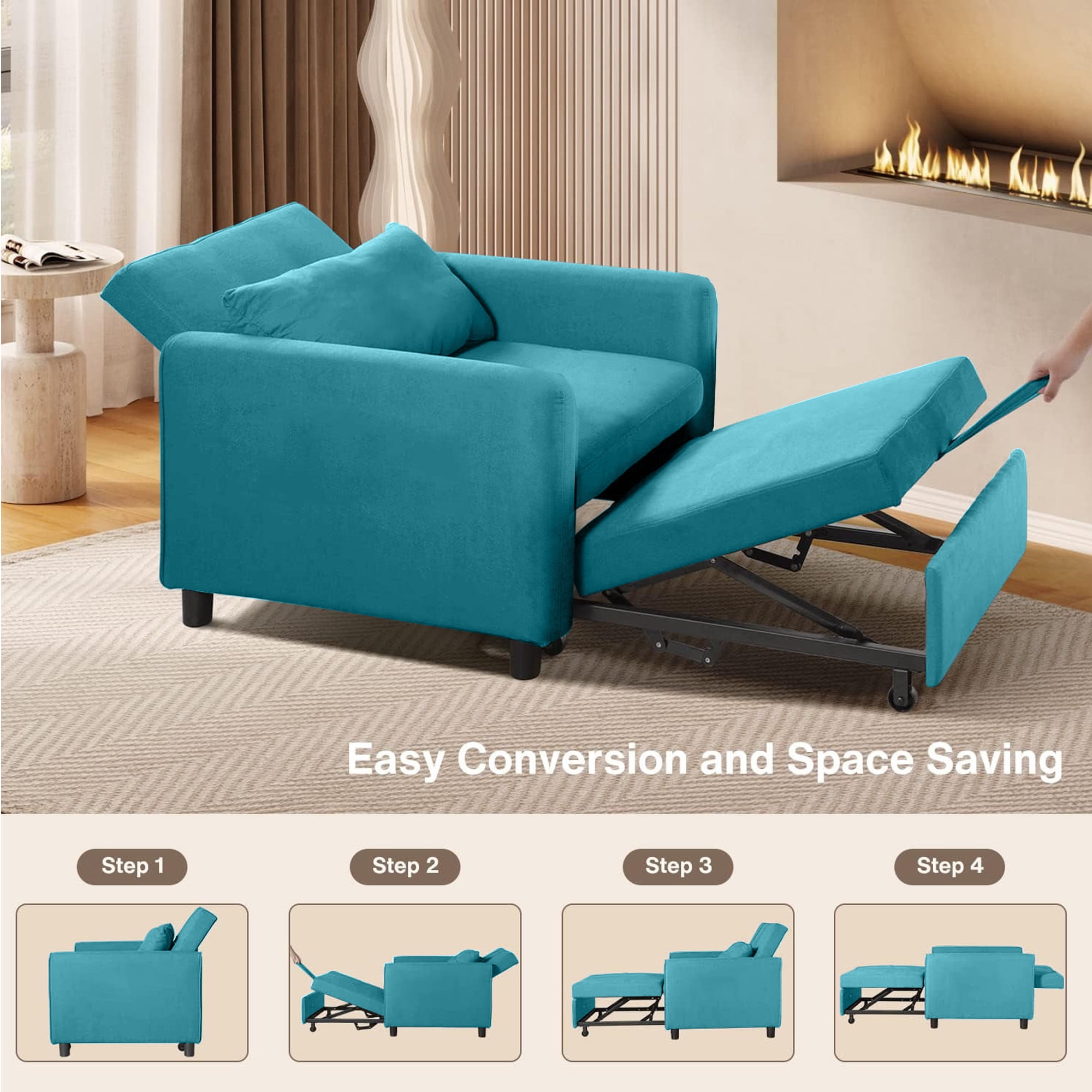 Aukfa 36" Chaise Futon Convertible Sofa Bed, Pull Out Sleeper Chair Bed for Home Office, Lint, Green
