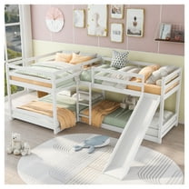 Full & Twin L-Shaped Bunk Bed with Slide & Short Ladder, White