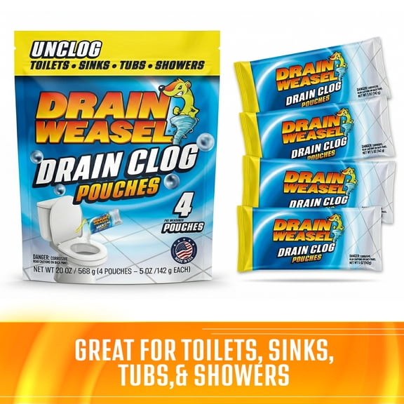 Drain Weasel Drain & Toilet Clog Remover Powder – 4 Pre-Measured Packets (5 oz Each)