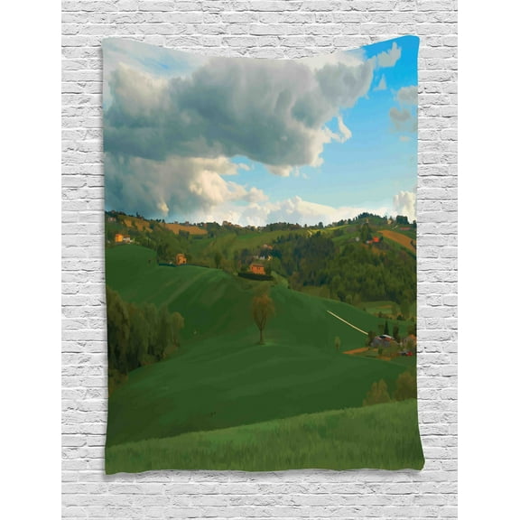 Golf Course Scene Tapestry, Rural Landscape Field of Golf in Small Italian Country Photo, Wall Hanging for Bedroom Living Room Dorm Decor, 60W X 80L Inches, Green and Multicolor, by Ambesonne