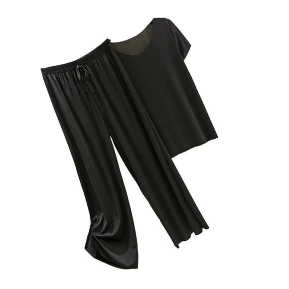 Conjunto de pijama de satén de seda helada Sonducket camiseta de algodón cuello en V pantalones holgados cintura Negro 3XL