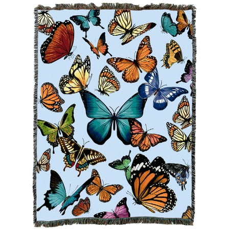 Pure Country Weavers Fluttering Butterflies Light Blue Blanket Cotton Tapestry Throw - Made in The USA - 72" x 54"