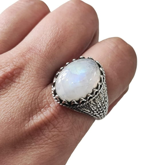 Rainbow Moonstone Mens Ring, Natural Blue Fire Rainbow Moonstone, Silver Jewelry, 925 Silver Ring, Birthday Gift, Heavy Mens Ring, Arabic Design, Ottoman Style Ring, Christmas, Turkey Mens Signet Ring