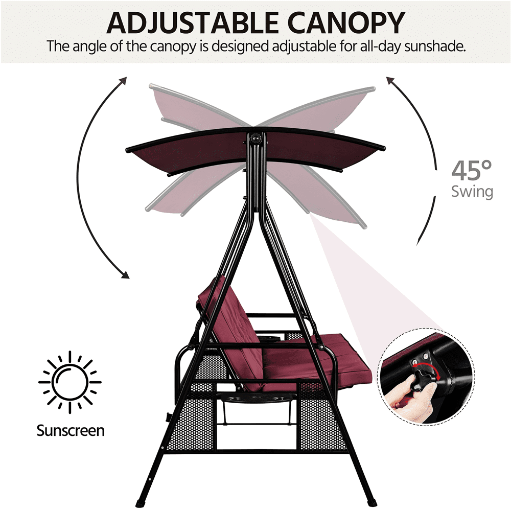Alden Design 3-Seat Deluxe Swing Chair with Padded Seat Cotton-Padded Seat for Outdoor, Burgundy