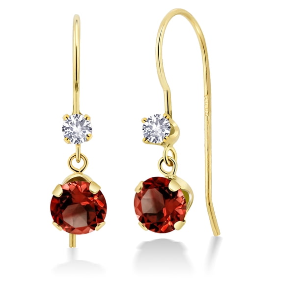 Gem Stone King 14K Yellow Gold Red Garnet and White Created Sapphire French Wire Dangle Hook Earrings for Women (2.10 Cttw, Gemstone January Birthstone, Round 5MM and 2.5MM)