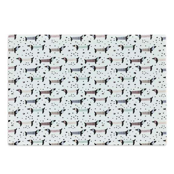 Dog Lover Cutting Board, Abstract Hand Drawn Dachshund Puppy Silhouettes with Playthings Dotted Design, Decorative Tempered Glass Cutting and Serving Board, Large Size, Multicolor, by Ambesonne