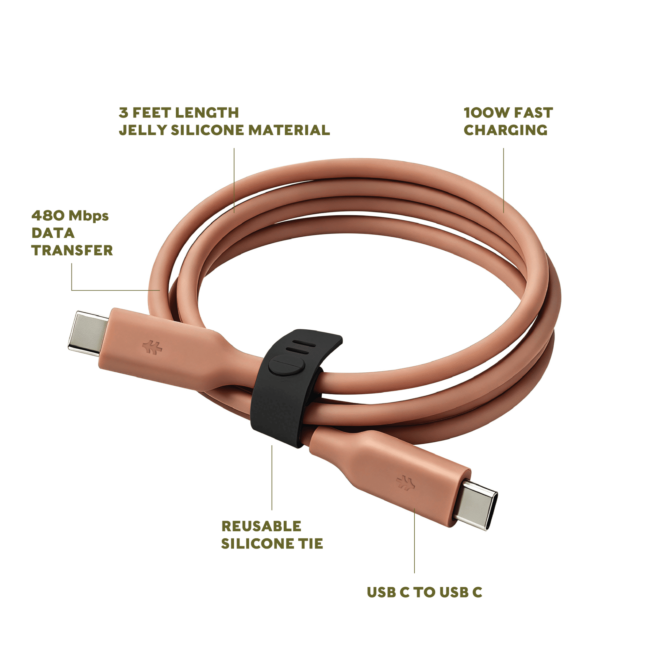 Swiss Tech Kabel S100 3 ft 100W Soft Touch USB-C to USB-C Charging Cable, Terra Orange
