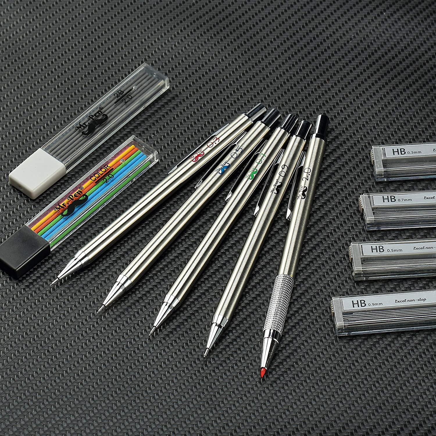 2mm Drawing Mechanical Pencils 0.5 Architecture 0.7 Drafting Metal Mechanical Pencils 5 Sizes Mr 0.9 Pen- Metal Mechanical Pencil Set with Lead and Eraser Refills 0.3 Sketching 