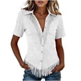 thumbnail image 2 of ClodeEU Women's Collared V Neck Short Sleeve Fringe Hem Button Down Blouse,Slim Fitted Casual Shirt Top White,Women's Plus XL, 2 of 5