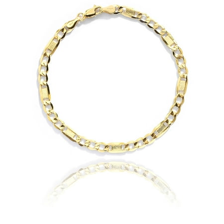 10k Figaro Anklet - Floreo 10k Yellow Gold Hollow Bar Figaro Chain Bracelet and Anklet with Lobster Claw Clasp for Women and men, 5mm