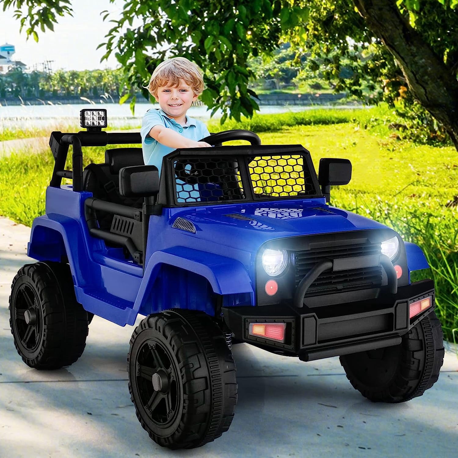 OLAKIDS Kids Ride On Truck, 12V Electric Vehicle Car with Remote Control, Toddlers Battery Powered Toy with 2 Speeds, Spring Suspension, Double Open Doors, LED Lights, Music, USB, Mp3 (Navy)