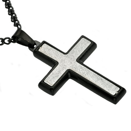 Arista Men's Cross Pendant in Sandblasted Black Plated Solid Stainless Steel, 24"