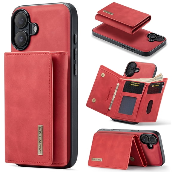 ELEHOLD 2 IN 1 Wallet Case for iPhone 17, PU Leather Magnetic Detachable Card Holder Cash Pocket Kickstand Function Full Protective Cover for iPhone 17, Red