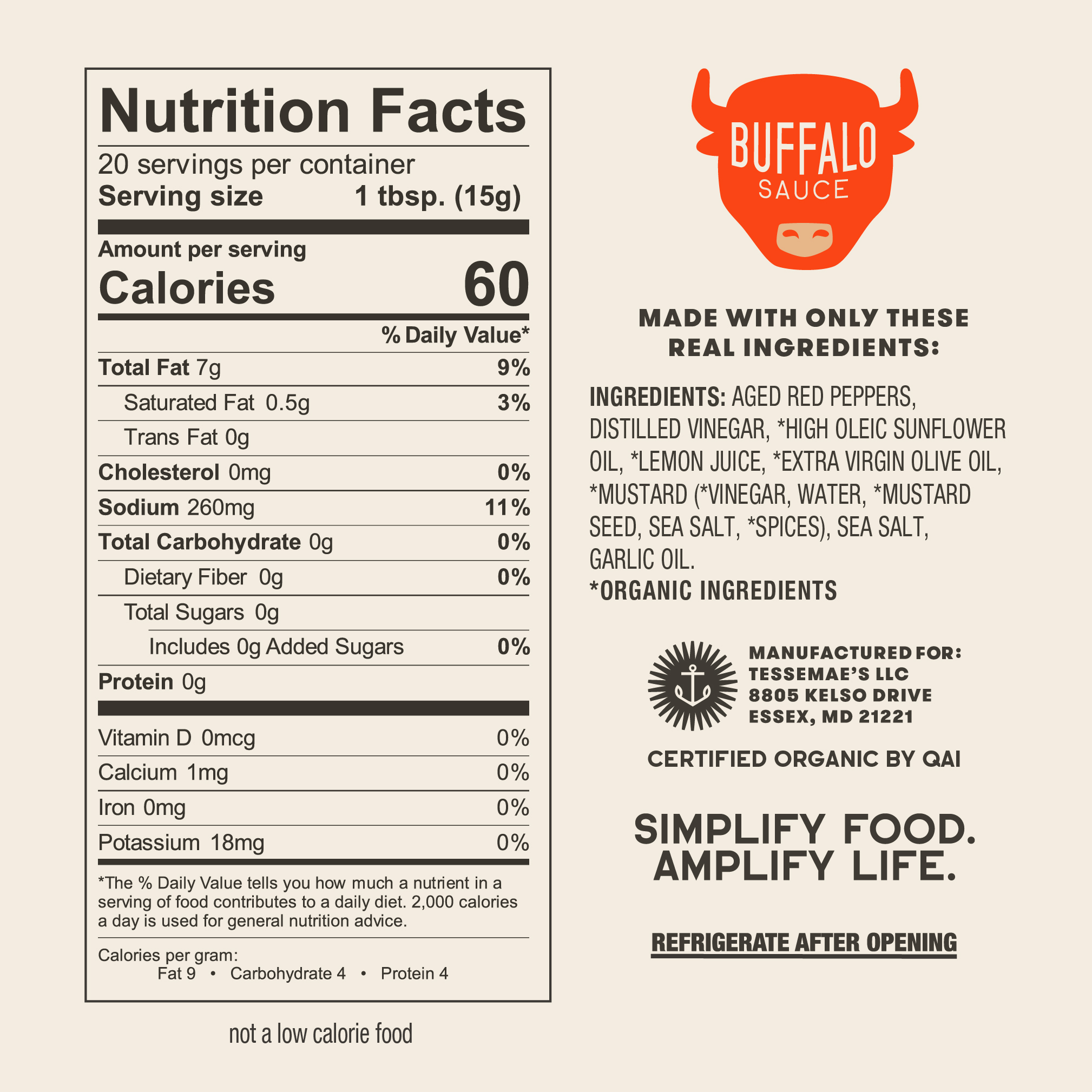 Tessemae's Organic Buffalo Hot Sauce and Marinade, 10 fl oz, Vegan Wing Sauce, Sugar Free, Dairy Free, Gluten Free, Whole30 Approved, Keto Friendly