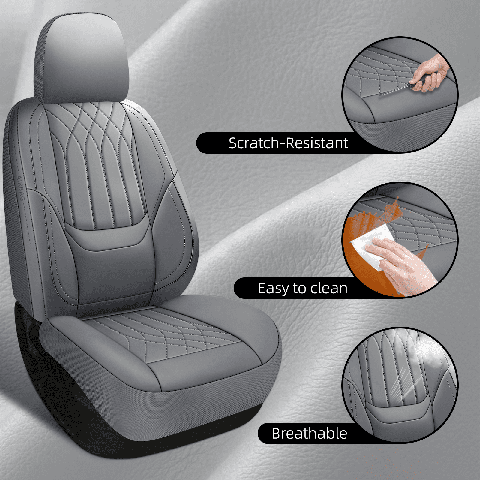 NS YOLO Premium Leather Car Seat Covers Front | Universal Car Seat Covers for Cars, Trucks & SUVs | Waterproof Front Seat Protectors, gray