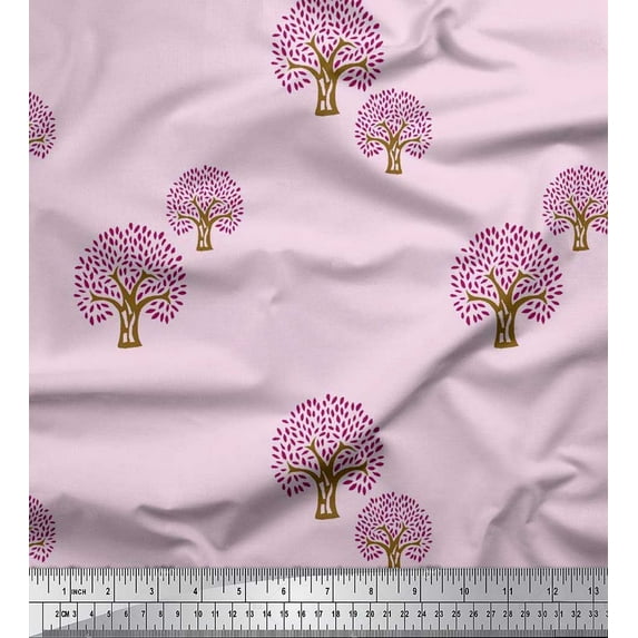 Soimoi Poly Georgette Fabric Tree Block Printed Craft Fabric by The Yard 52 Inch Wide