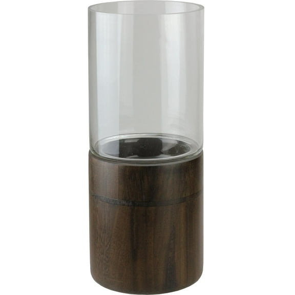 15.25" Clear Glass Hurricane Pillar Candle Holder with Wooden Base