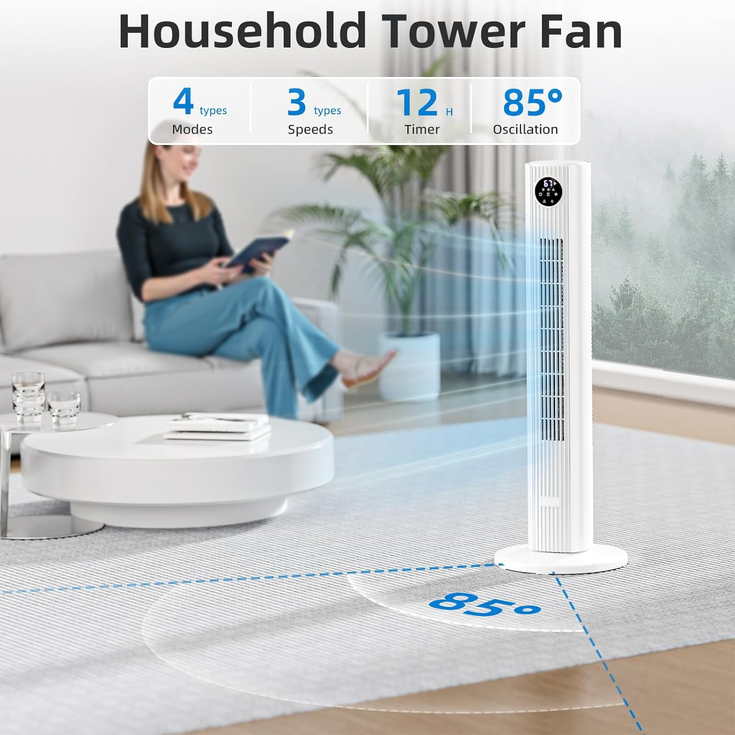 FREE VILLAGE 36 inch Tower Fan Portable Floor Fans,85°Oscillating Fan Quiet Cooling 12H Timer Remote Control Standing Bladeless Electric 3 Wind Speeds 4 Modes Bedroom Drom Office,White