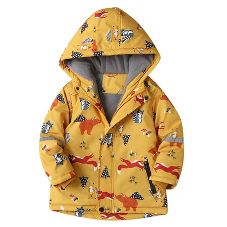 

ZHUASHUM Kids Boys Girls Winter Thicken Coat Cartoon Prints Hooded Jacket Toddler Windproof Thick Warm Outwear
