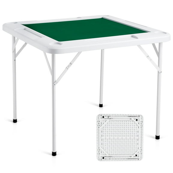 FGYRYK 4 Player Folding Mahjong Table with Cup Holders & Chip Trays, Portable Card Game Table with Table Mat, Space-Saving Domino Table for Home, Poker, Board Games