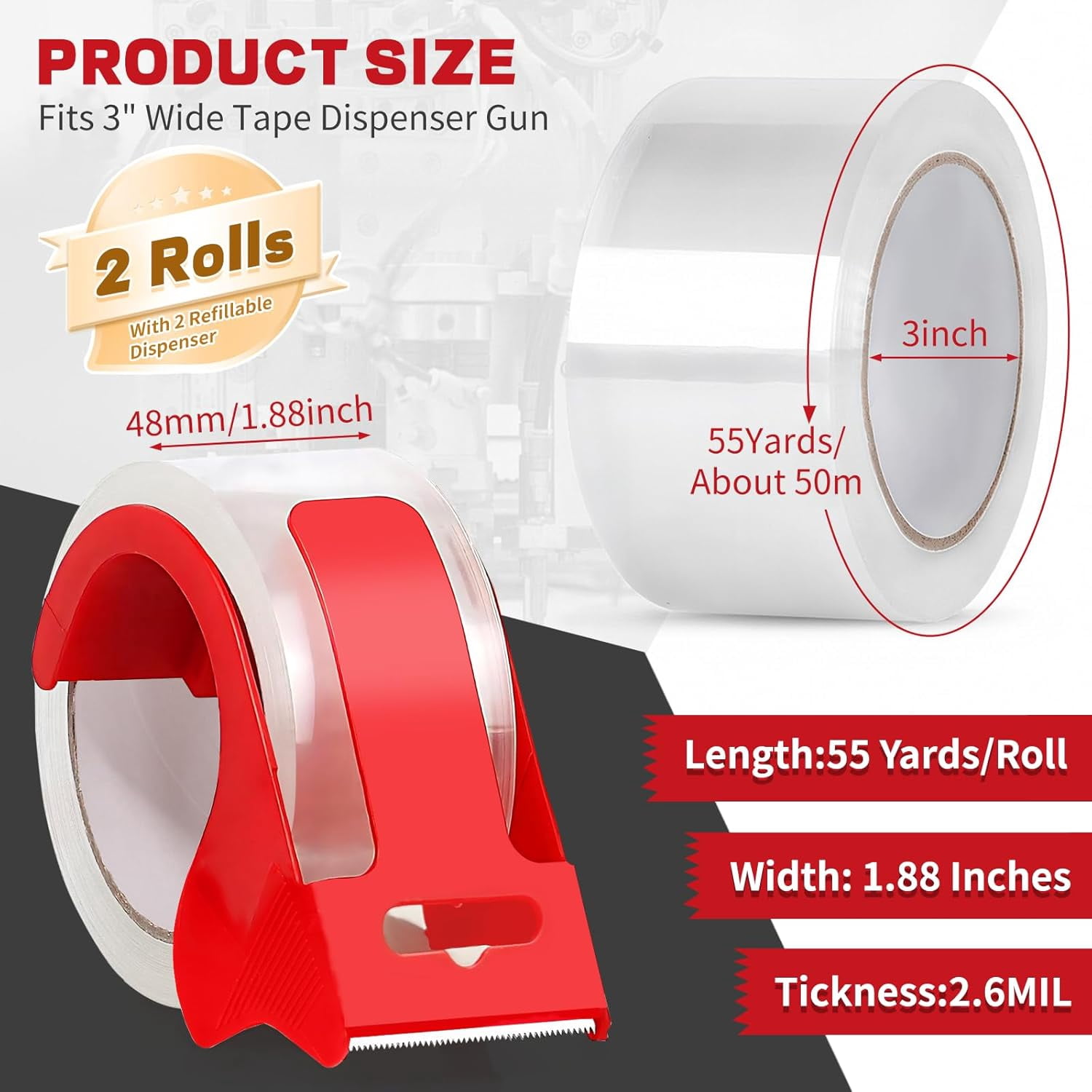 With dispenser transparent heavy duty packing tape, 2 rolls durable mailing tape, 1.88 inches 55 yards packing tape, suitable for packing boxes, moving supplies, mailing, and shipping