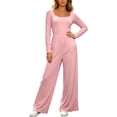 thumbnail image 2 of MLCDZ Long Sleeve Jumpsuit for Women Fall Casual Lightweight One Piece Square Neck Wide Leg Pants Workout Gym Golf Romper With Pockets, 2 of 7