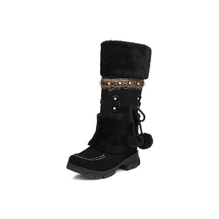 

Ferndule Ladies Fuzzy Booties Plush Lined Snow Boots Fluffy Winter Fashion Bootie Non-skid Faux Fur Shoes Walking Warm Boot High Calf Round Toe Black 7