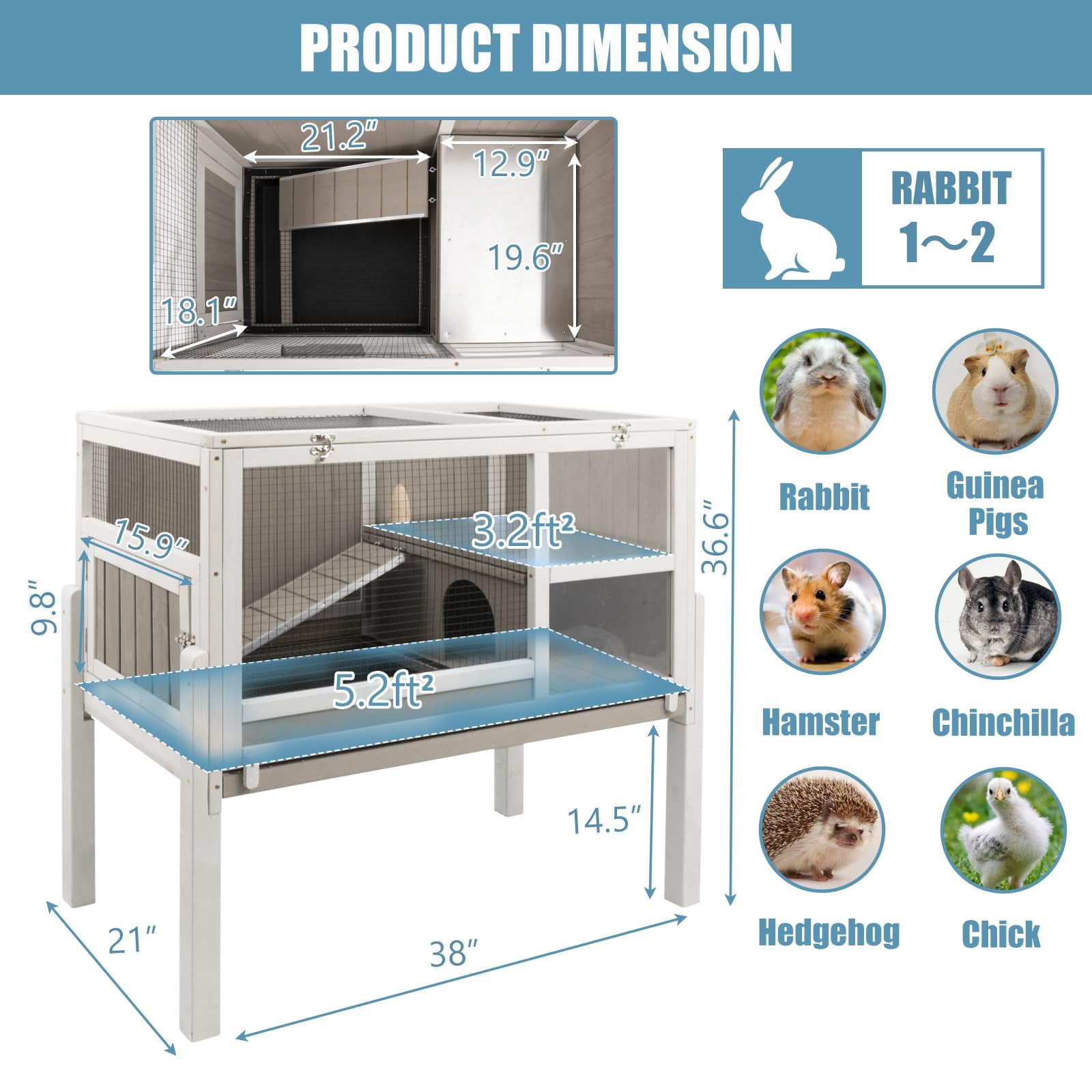 Wooden Guinea Pig Cage with Wire Netting 36.6 Inch Height Outdoor Rabbit Hutch, Detachable Legs Hamster House for Small Animals, Pull Out Tray Included, Grey