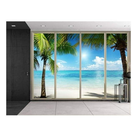 Wall26 - Palm Trees on an Island Framing the Blue Ocean Viewed From Sliding Door - Creative Wall Mural, Peel and Stick Wallpaper, Home Decor - 100x144 inches