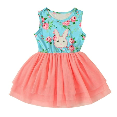

GWAABD Cute Dresses for Girls Pink Polyester Spandex Toddler Baby Kids Girls Easter Rabbit Bunny Bow Tulle Patchwork Princess Dresses 120