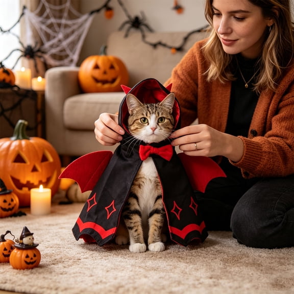 Pet Halloween Cape , Soft Fabric Vampire Cloak with Horns Bow Tie Bat Wings, Adjustable Holiday Outfit for Small Medium Dogs Cats Party Cosplay Dress Up