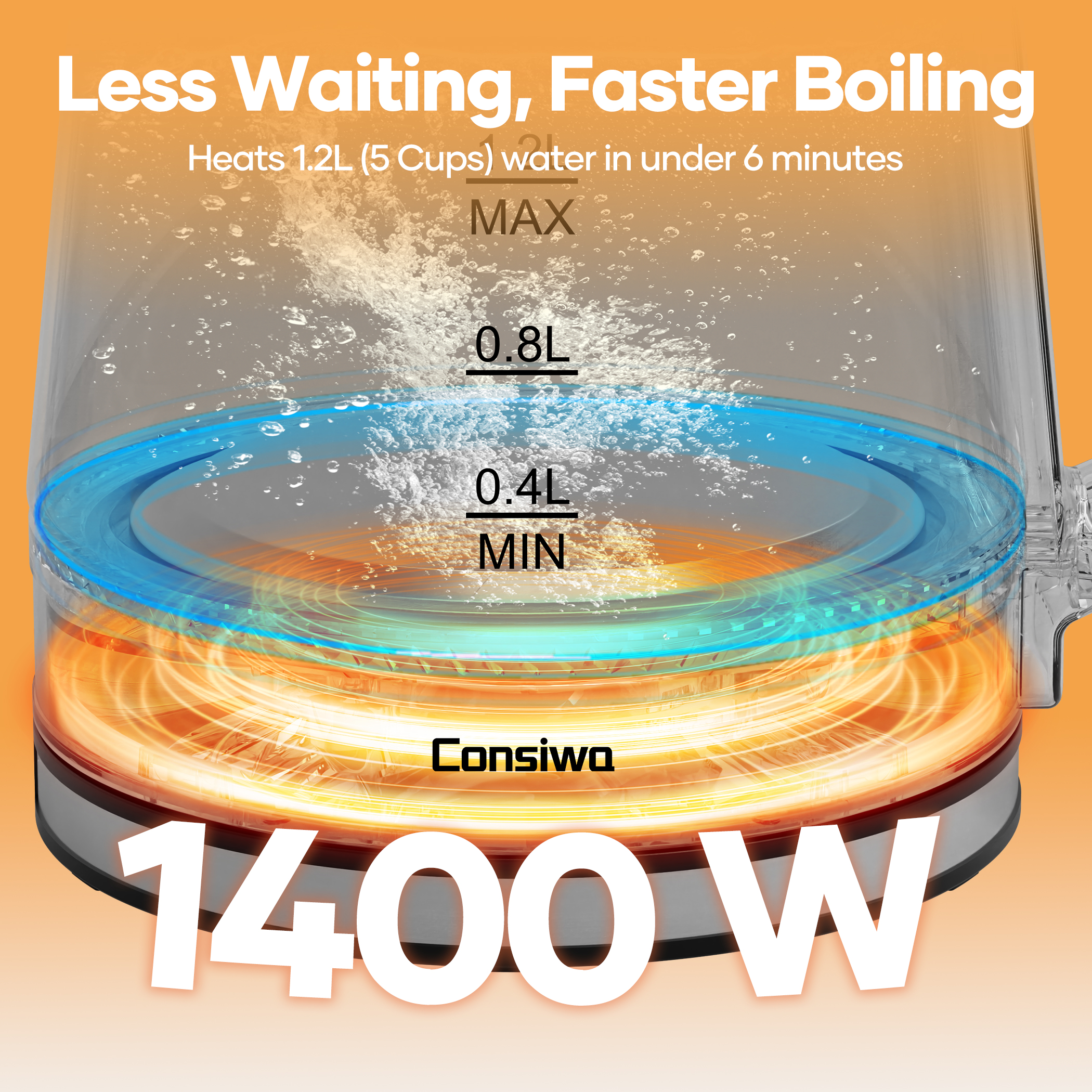 Consiwa Electric Kettle, 1.2L Glass Water Boiler photo 4
