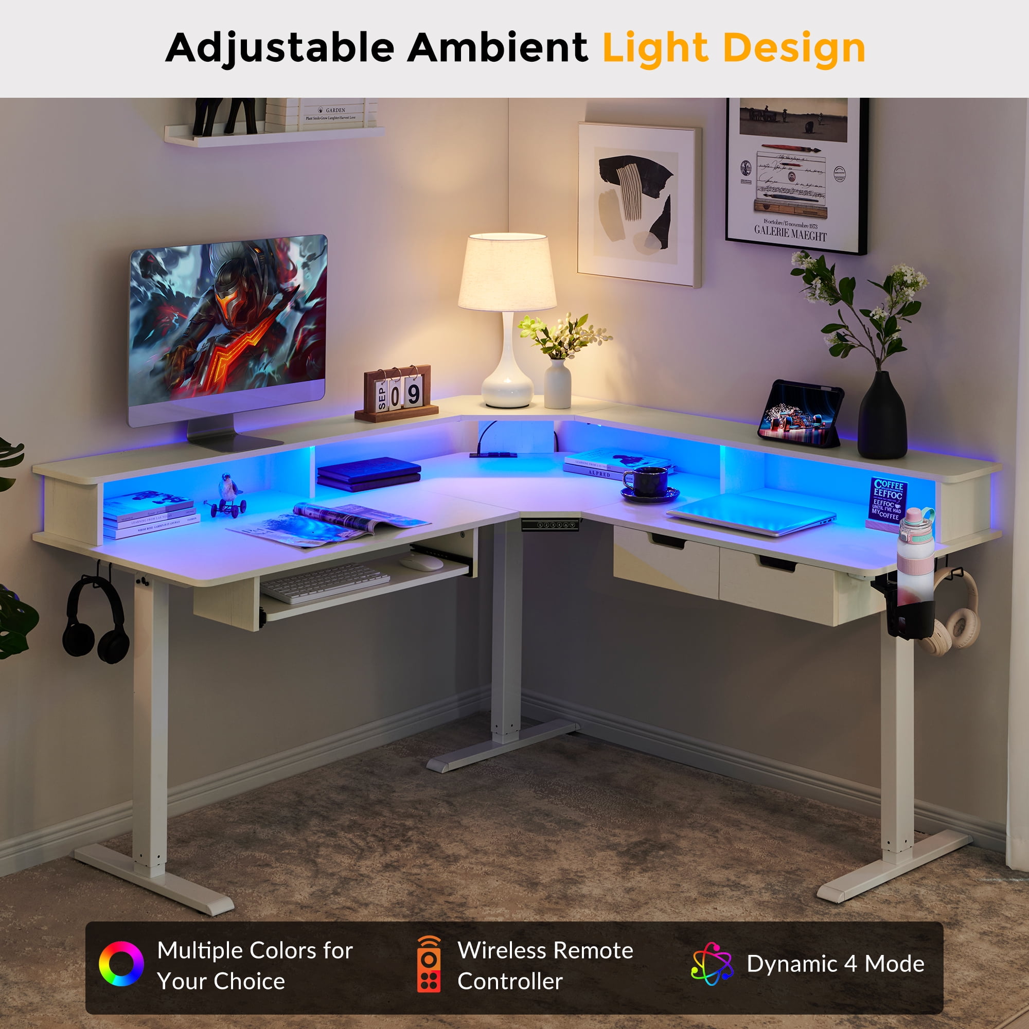 KeyWhat 60" L Shaped Standing Desk, Electric Height Adjustable Computer Desk with Shelves & Keyboard Tray, Corner Gaming Desk with LED Strip & Power Outlets, Antique White