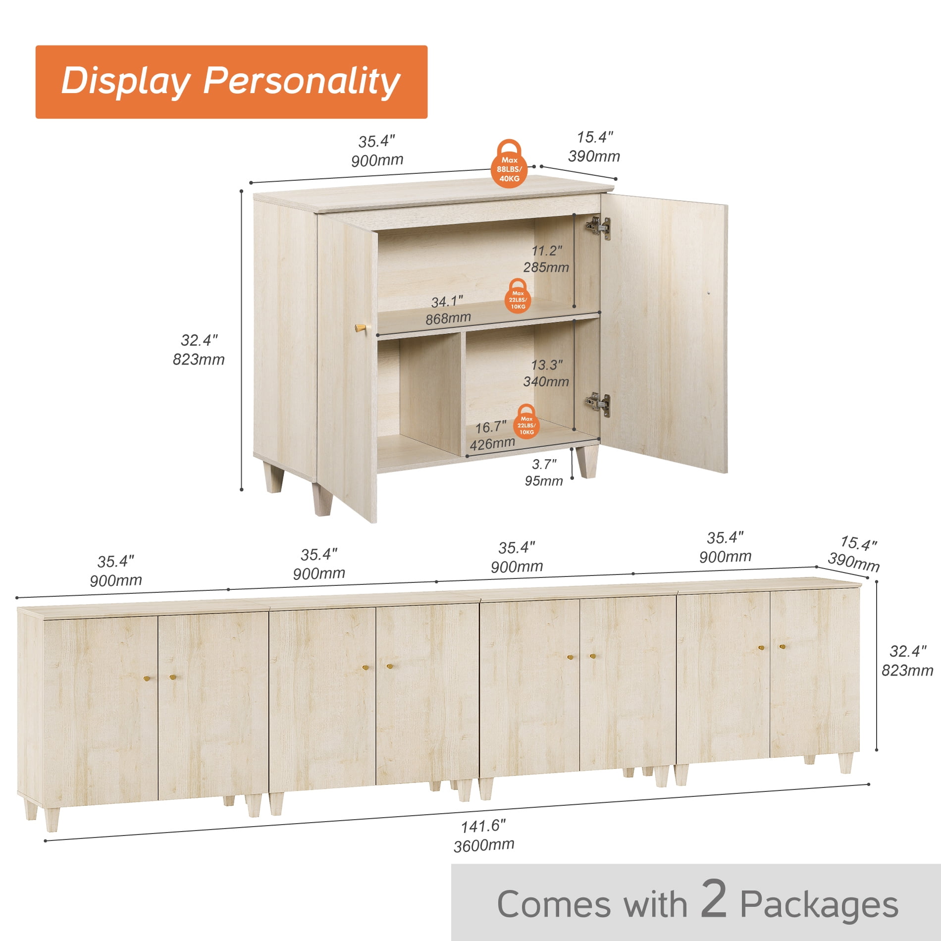 Sideboard Buffet Cabinet with 12 Compartments, 142" Wide, Light Oak Wood Finish