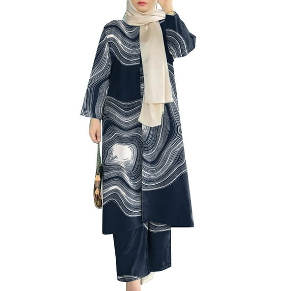 ZANZEA Women Full Sleeved O-Neck Printed Suits Muslim Pants Sets